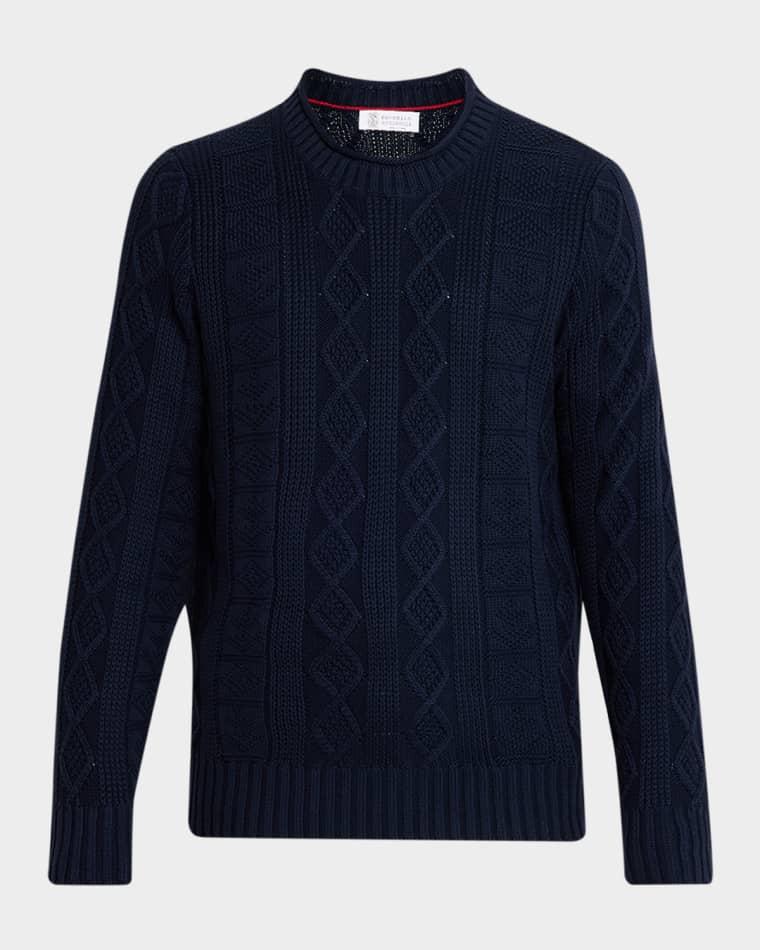 Men's Cotton Cable Knit Crewneck Sweater by BRUNELLO CUCINELLI
