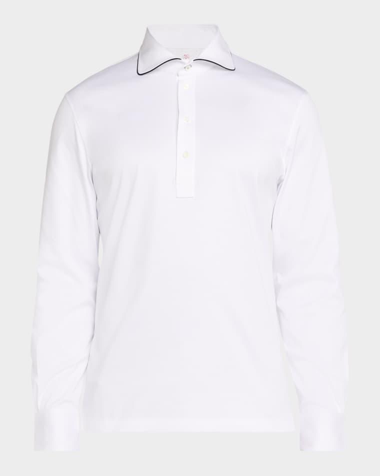 Men's Cotton Tipped-Collar Long-Sleeve Polo Shirt by BRUNELLO CUCINELLI