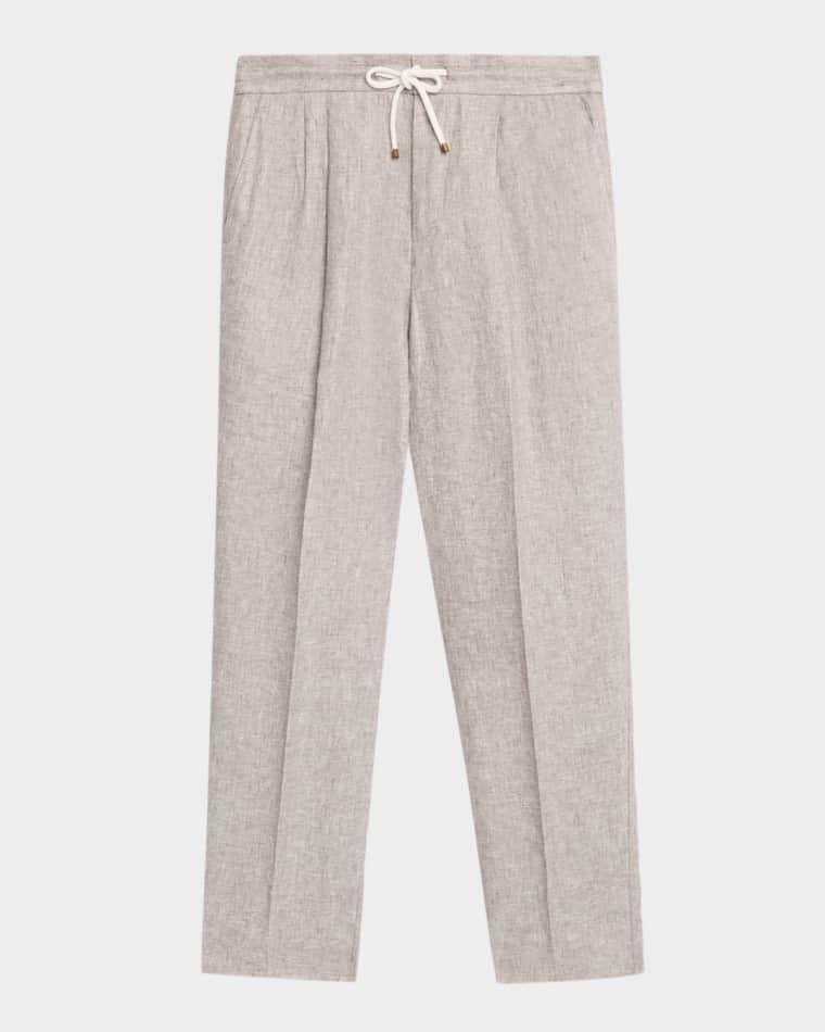 Men's Double-Pleated Linen Drawstring Pants by BRUNELLO CUCINELLI