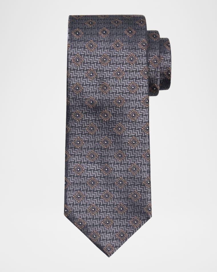 Men's Geometric Tile Jacquard Silk and Cotton Tie by BRUNELLO CUCINELLI