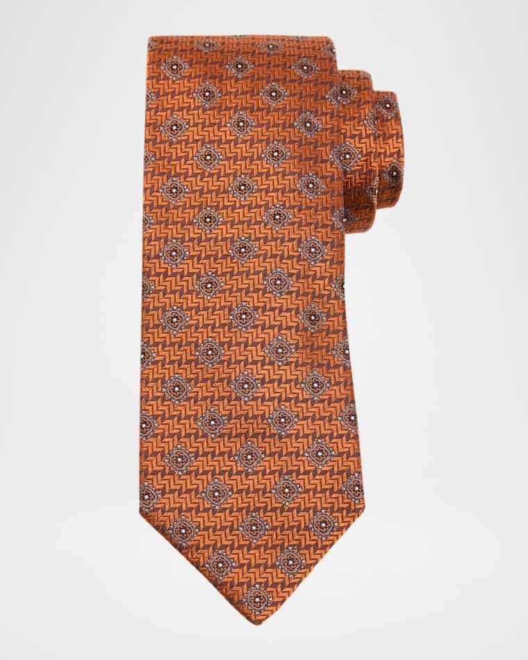Men's Geometric Tile Jacquard Silk and Cotton Tie by BRUNELLO CUCINELLI
