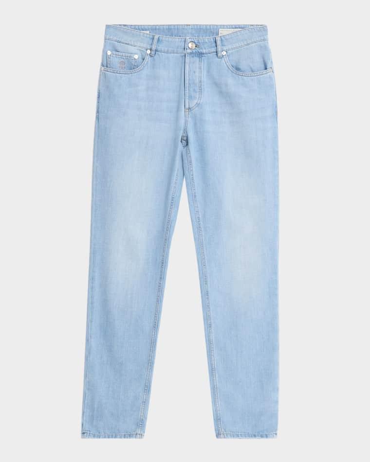 Men's Light-Wash Denim Tapered-Leg Jeans by BRUNELLO CUCINELLI