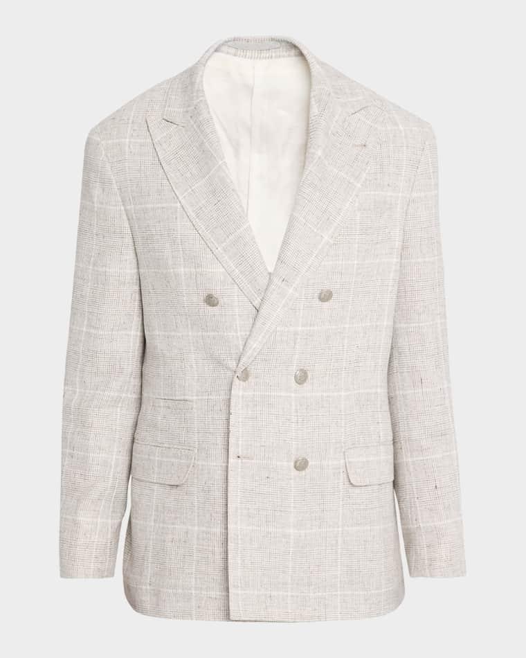 Men's Linen Glen Plaid Double-Breasted Sport Coat by BRUNELLO CUCINELLI