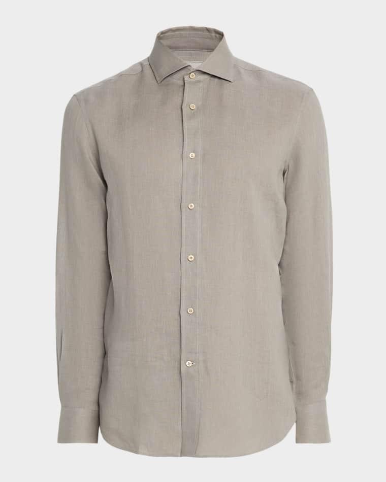Men's Linen and Cotton Band Collar Button-Down Shirt by BRUNELLO CUCINELLI