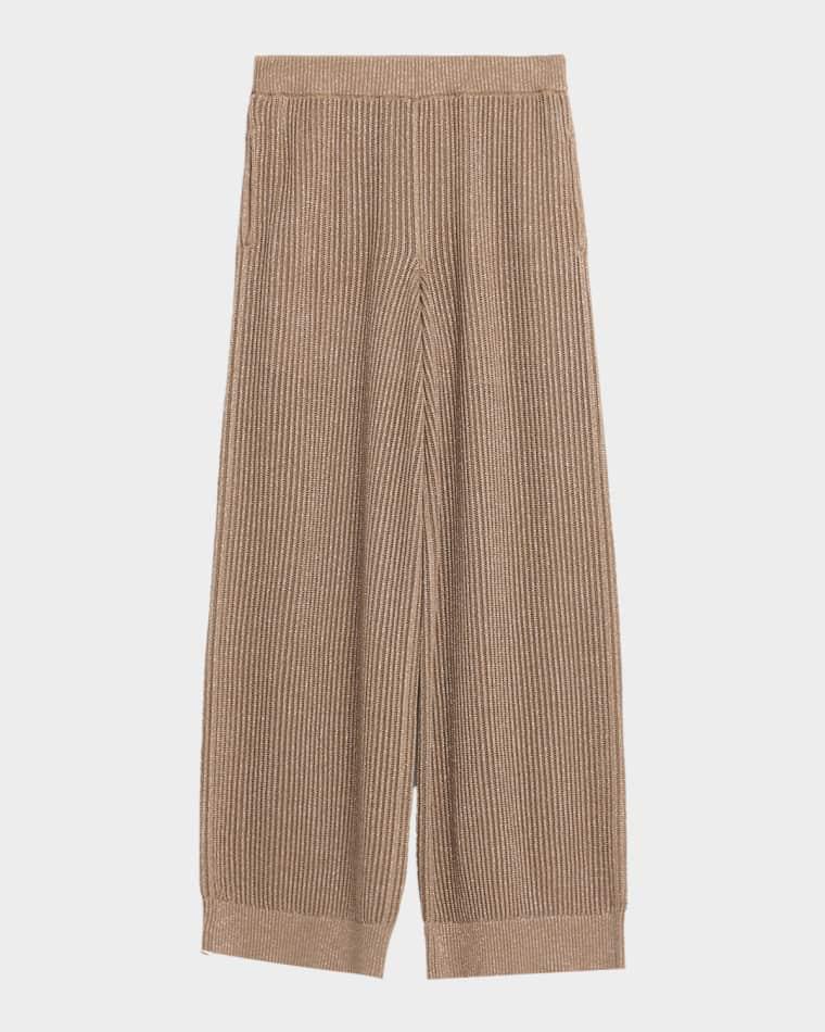 Metallic Cotton Rib Wide-Leg Pull-On Trousers by BRUNELLO CUCINELLI