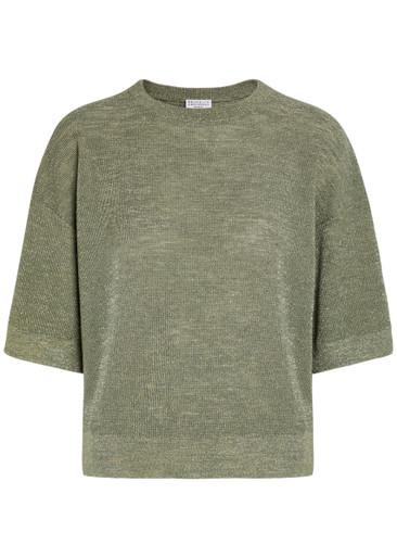Metallic fine-knit sweater top by BRUNELLO CUCINELLI