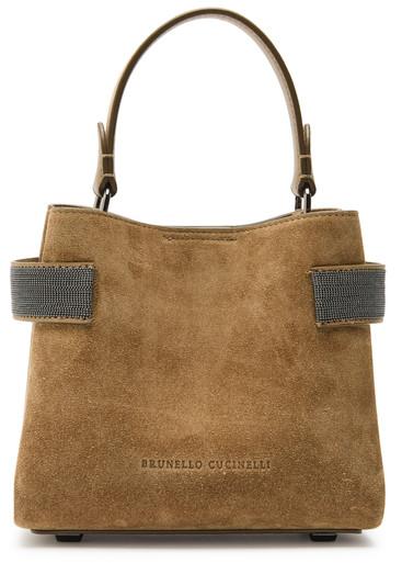 Mini bead-embellished suede top handle bag by BRUNELLO CUCINELLI