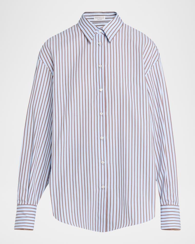Monili-Trim Striped Cotton Poplin Button-Down Shirt by BRUNELLO CUCINELLI