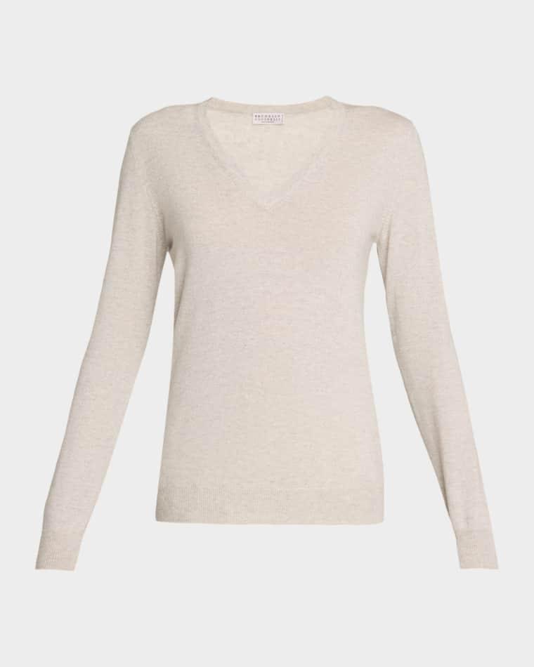 Monili-Trim V-Neck Cashmere Sweater by BRUNELLO CUCINELLI