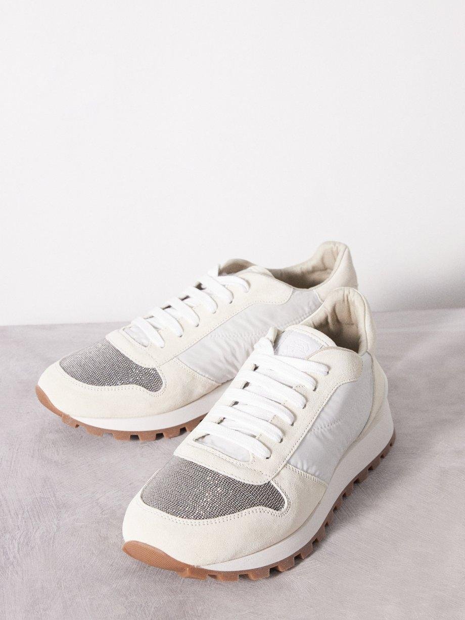 Monili-embellished suede and mesh trainers by BRUNELLO CUCINELLI