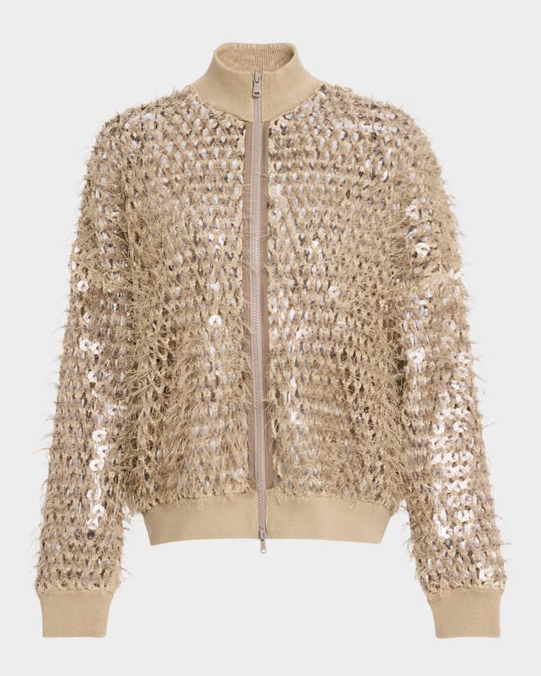 Mosaic Sequin Embroidered Net Knit Zip Jacket by BRUNELLO CUCINELLI Mosaic Sequin Embroidered Net Knit Zip Jacket by BRUNELLO CUCINELLI