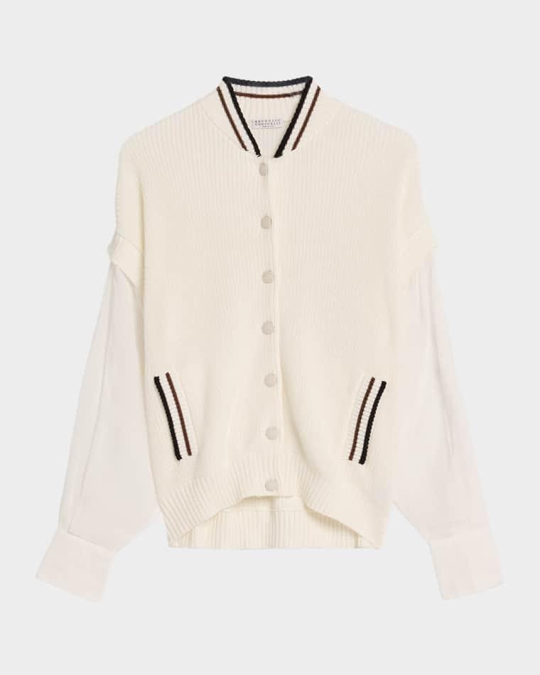 Organza-Sleeves English Rib Varsity Cardigan by BRUNELLO CUCINELLI