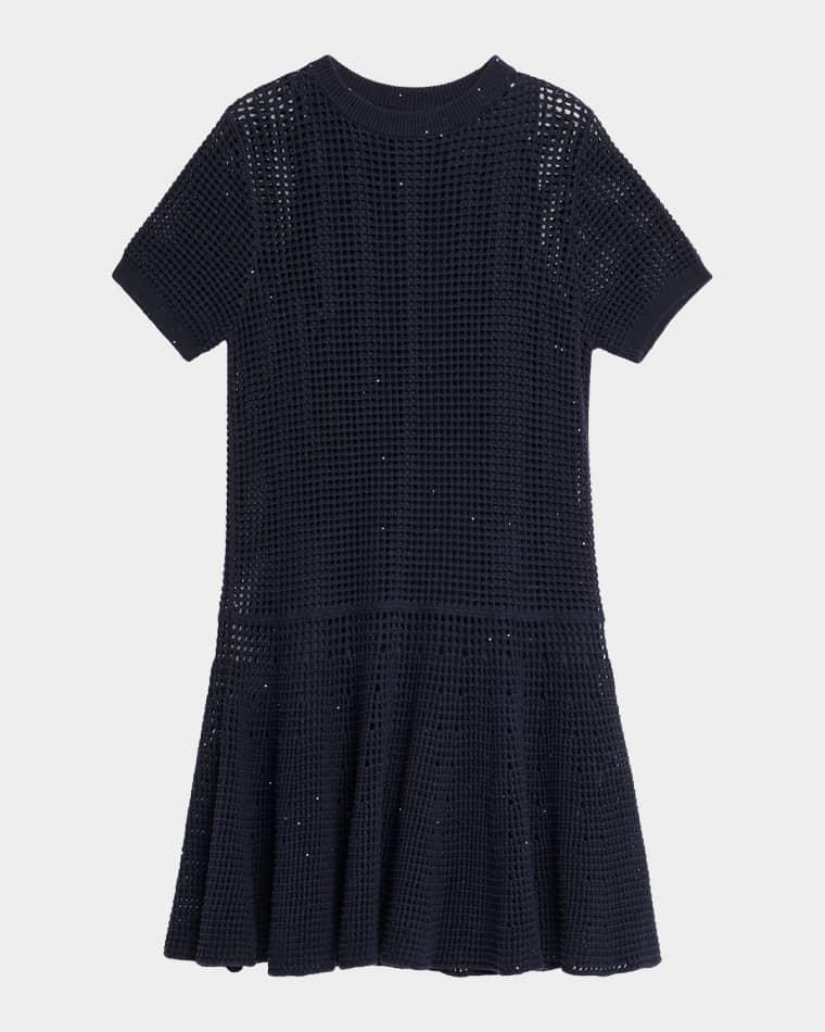 Pailette Open Knit Drop-Waist Short-Sleeve Mini Dress by BRUNELLO CUCINELLI