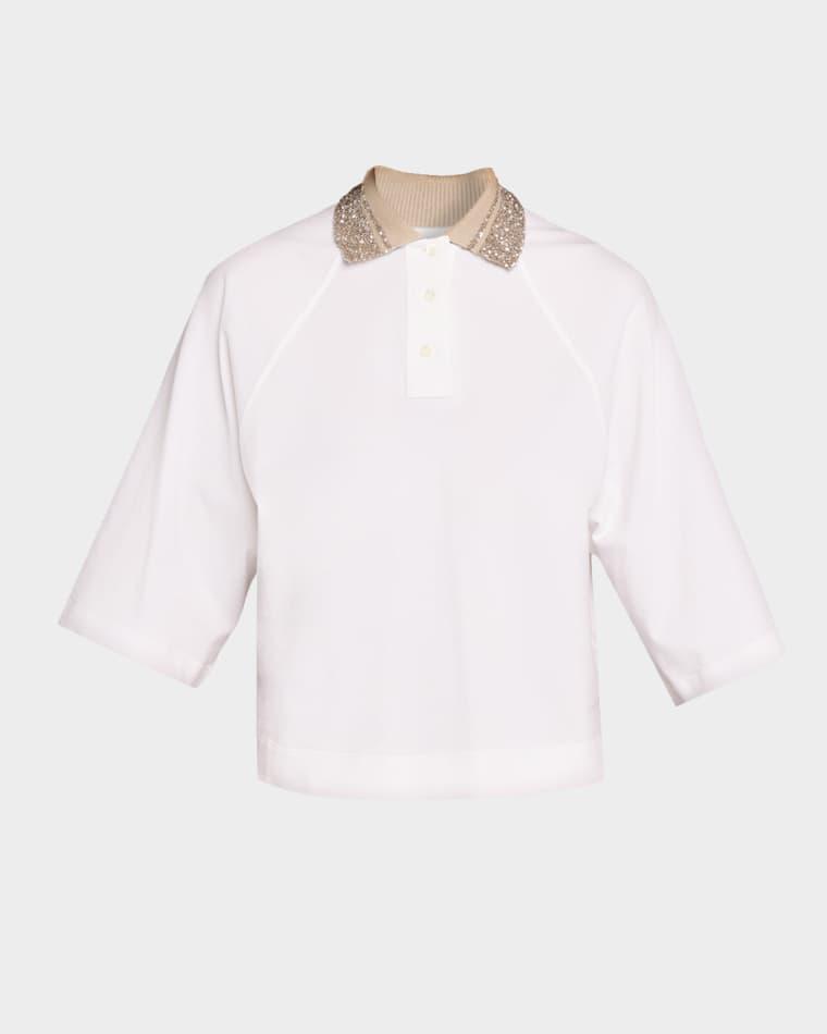Paillette Collar 3/4-Sleeve Polo T-Shirt by BRUNELLO CUCINELLI