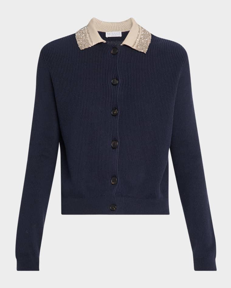 Paillette Collar Cotton Rib Cardigan by BRUNELLO CUCINELLI