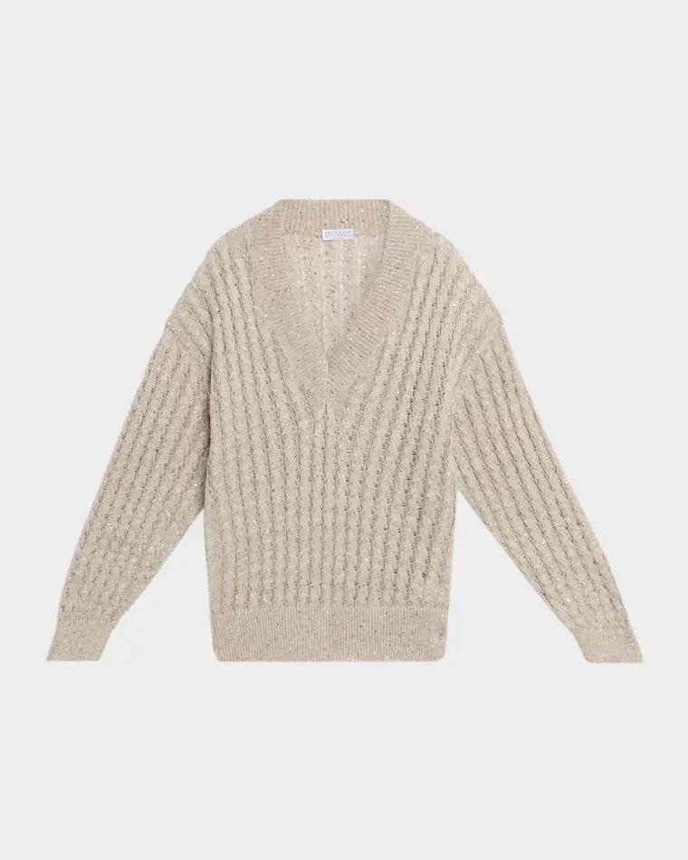 Paillette Linen Cable Knit V-Neck Sweater by BRUNELLO CUCINELLI
