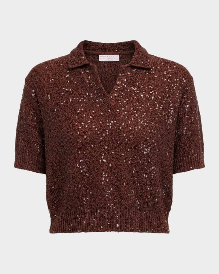 Paillette Linen-Cashmere Short-Sleeve Polo Sweater by BRUNELLO CUCINELLI