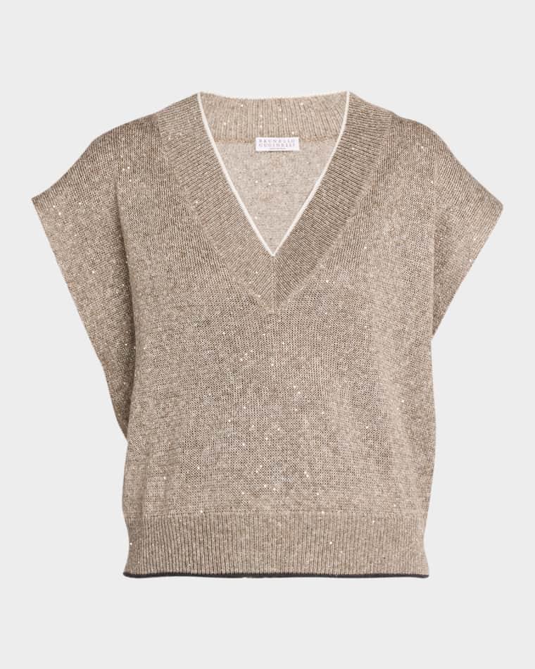 Paillette Linen-Cotton Knit Vest by BRUNELLO CUCINELLI