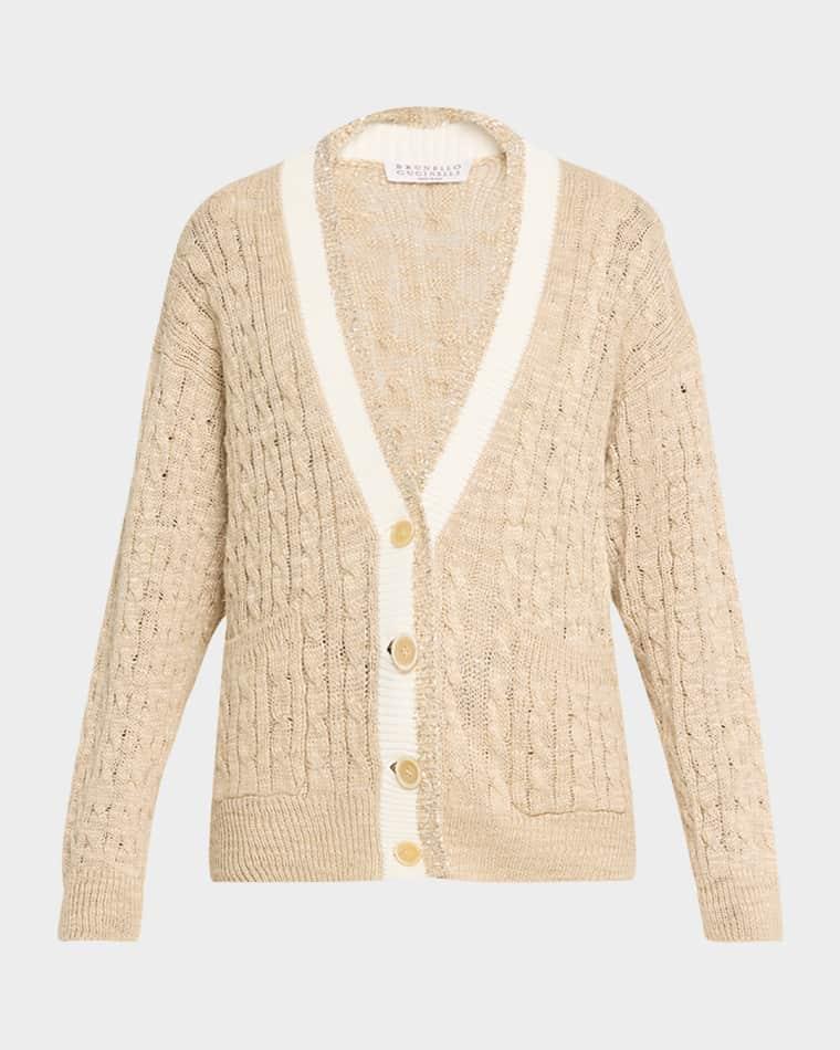 Paillette V-Neck Cable-Knit Cardigan by BRUNELLO CUCINELLI