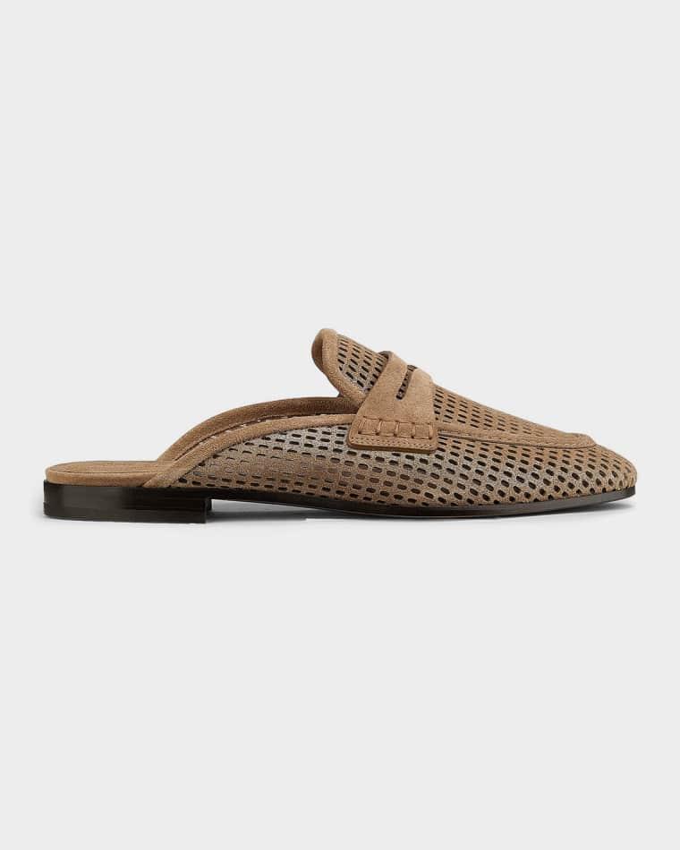 Perforated Laminated Suede Penny Loafer Mules by BRUNELLO CUCINELLI