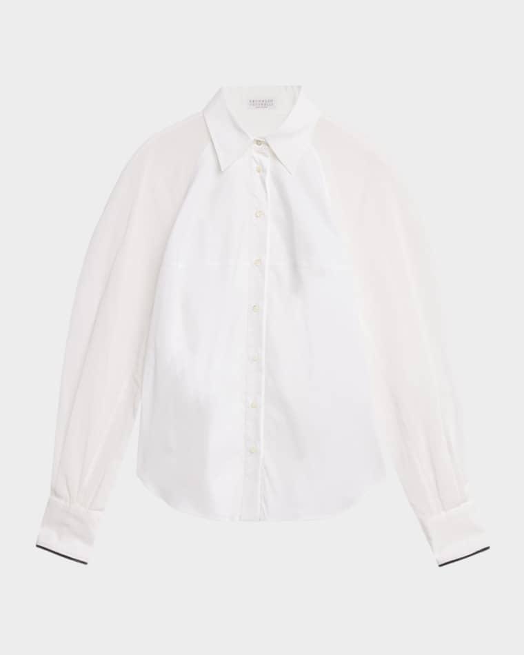 Poplin Stretch Sheer-Sleeve Button-Down Shirt by BRUNELLO CUCINELLI