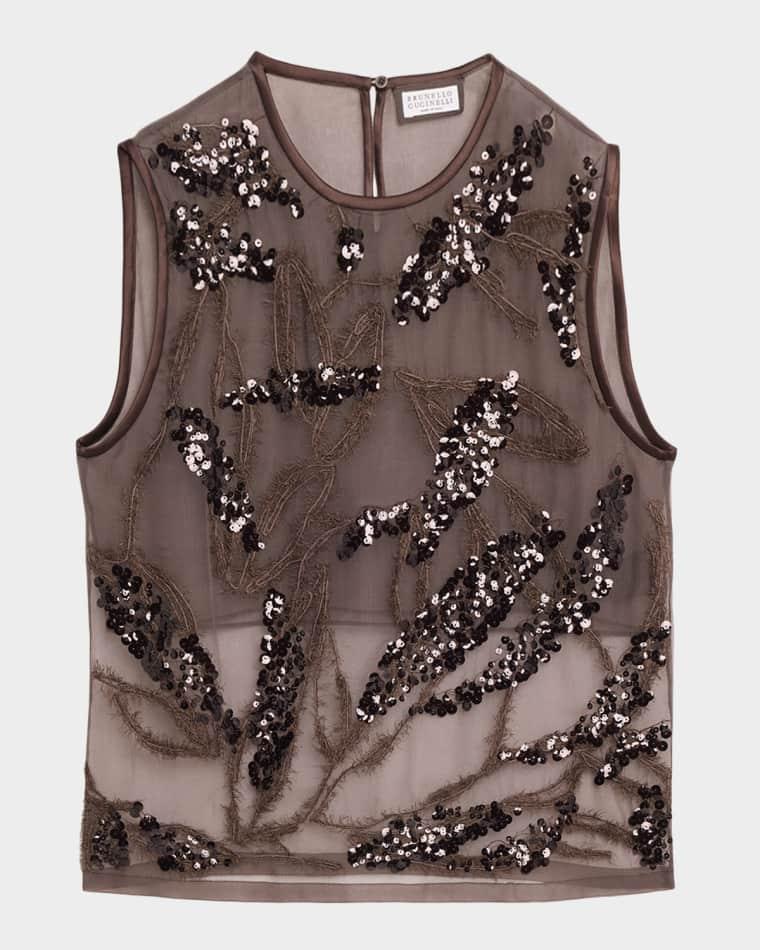 Sequin Leaf Embroidered Crispy Silk Chiffon Top by BRUNELLO CUCINELLI