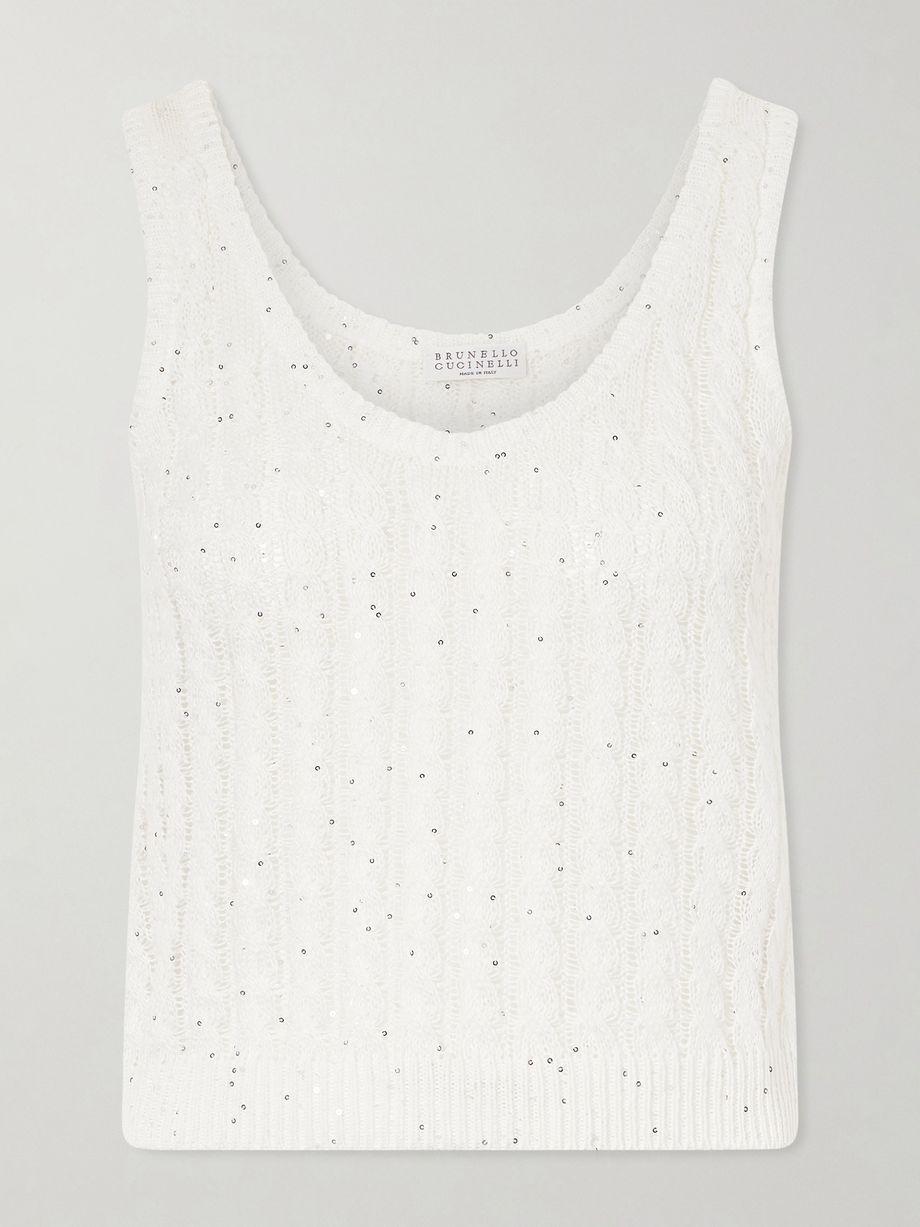 Sequin-embellished open-knit linen-blend tank by BRUNELLO CUCINELLI