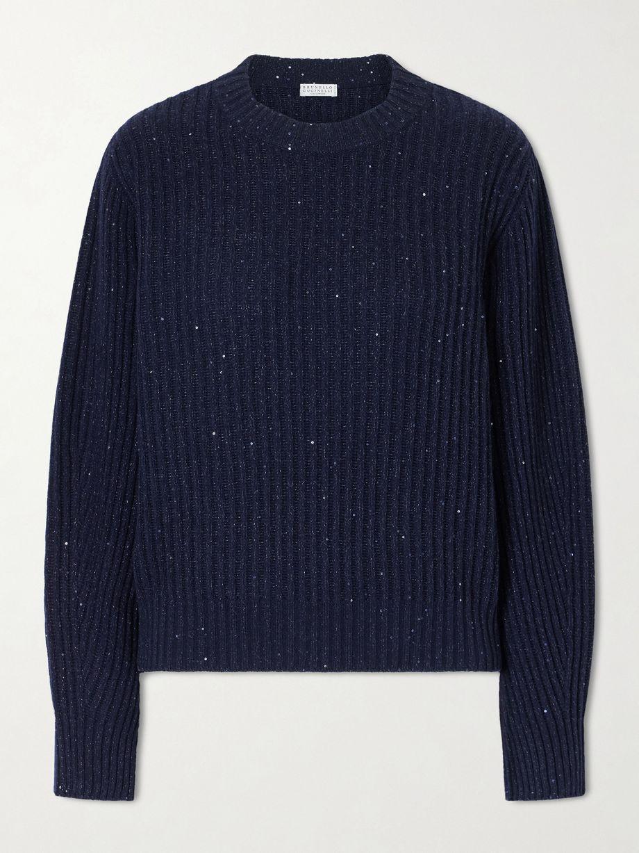 Sequin-trimmed ribbed-knit sweater by BRUNELLO CUCINELLI
