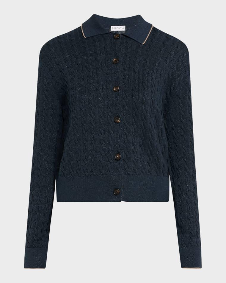Shimmering Cable Knit Collared Cardigan by BRUNELLO CUCINELLI