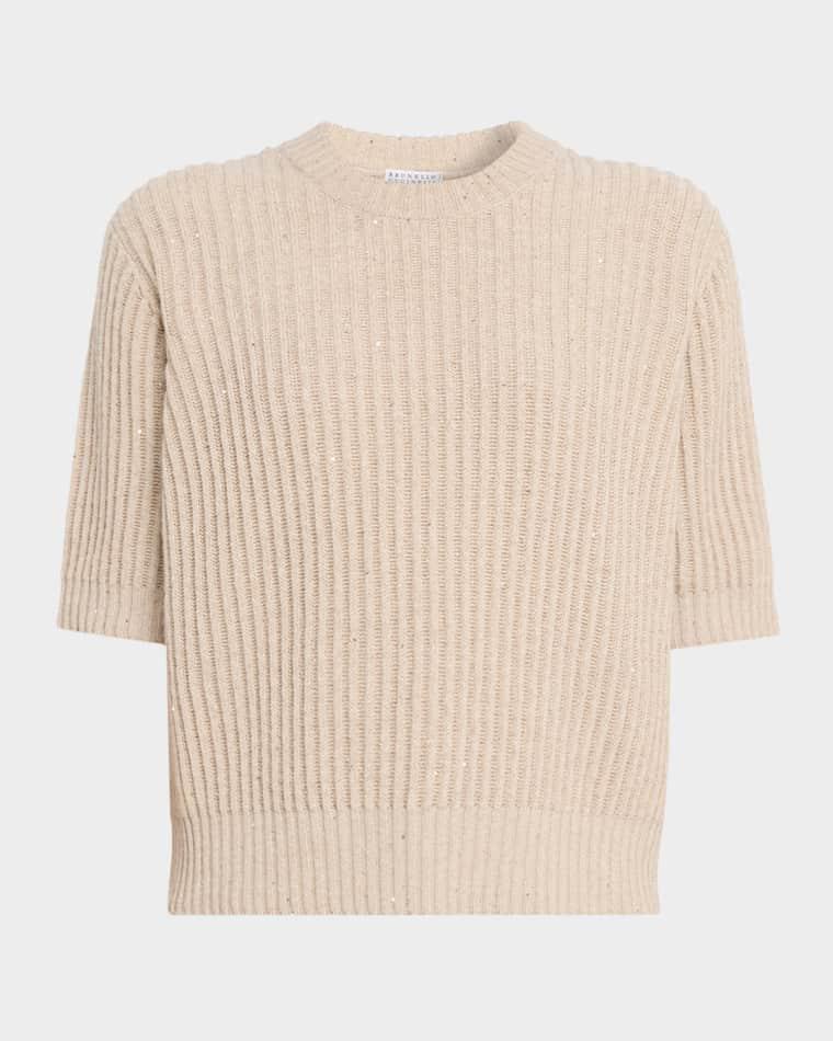 Shimmering Cashmere English Rib Short-Sleeve Sweater by BRUNELLO CUCINELLI