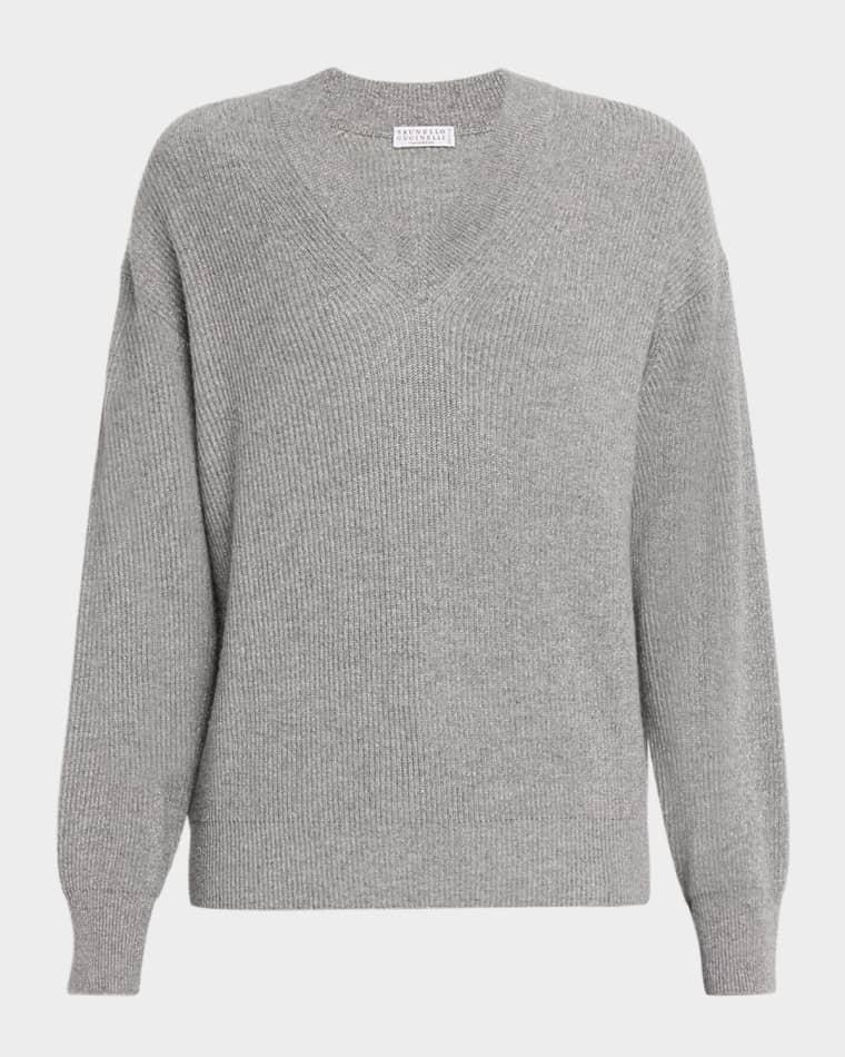 Shimmering Cashmere V-Neck Sweater by BRUNELLO CUCINELLI