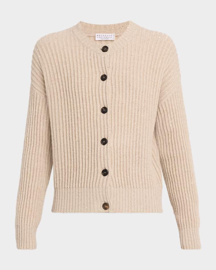 Shimmering Cashmere-Wool English Rib Crewneck Cardigan by BRUNELLO CUCINELLI