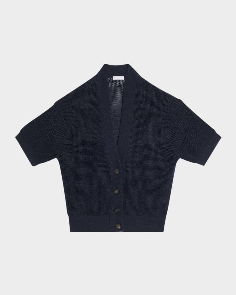 Shimmering Diamond Knit Short-Sleeve Cardigan by BRUNELLO CUCINELLI