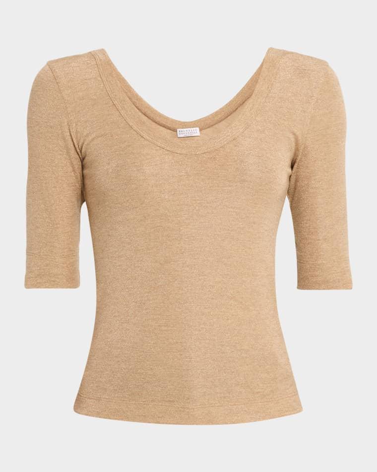 Shimmering Knit Elbow-Sleeve Blouse by BRUNELLO CUCINELLI