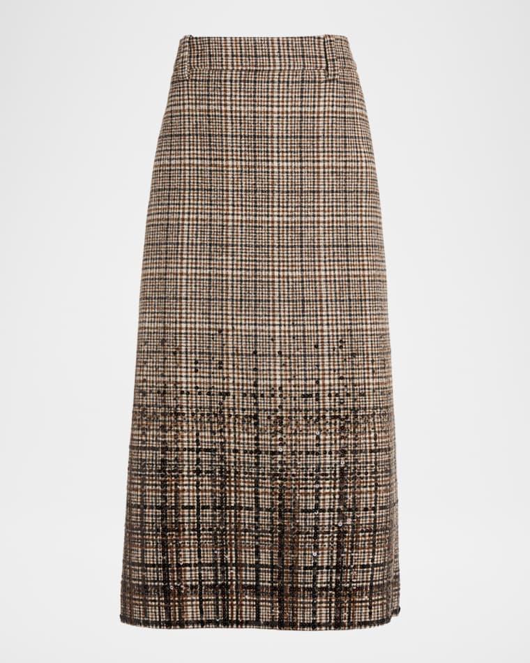 Shimmering Paillette Check Midi Skirt by BRUNELLO CUCINELLI