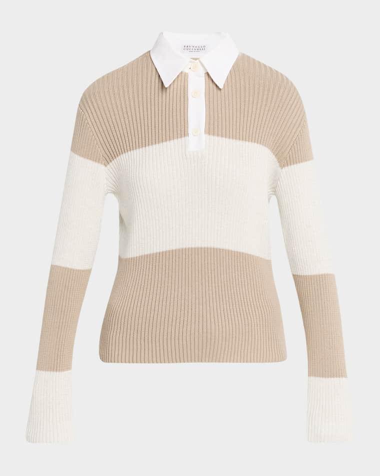 Shimmering Striped Cotton Rib Polo Sweater by BRUNELLO CUCINELLI