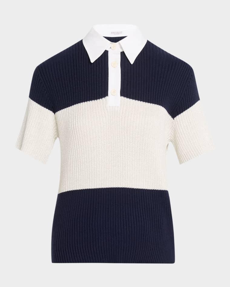 Shimmering Striped Cotton Rib Short-Sleeve Polo Sweater by BRUNELLO CUCINELLI
