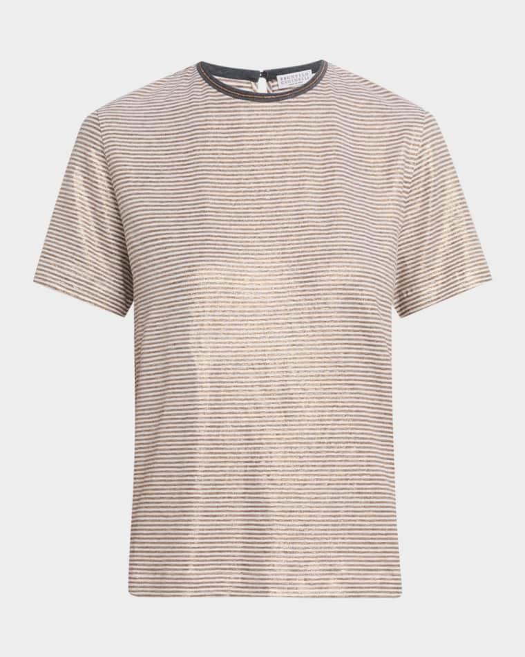 Shimmering Striped Linen Short-Sleeve T-Shirt by BRUNELLO CUCINELLI