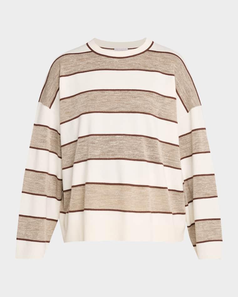 Shimmering Striped Wool-Cashmere Crewneck Sweater by BRUNELLO CUCINELLI