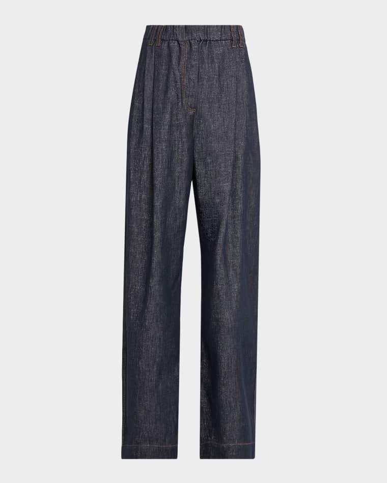 Sparkling Denim Pleated Straight-Leg Trousers by BRUNELLO CUCINELLI