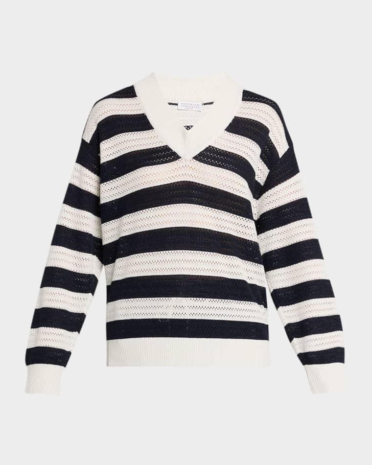 Sparkling Striped Cotton Net Knit V-Neck Sweater by BRUNELLO CUCINELLI