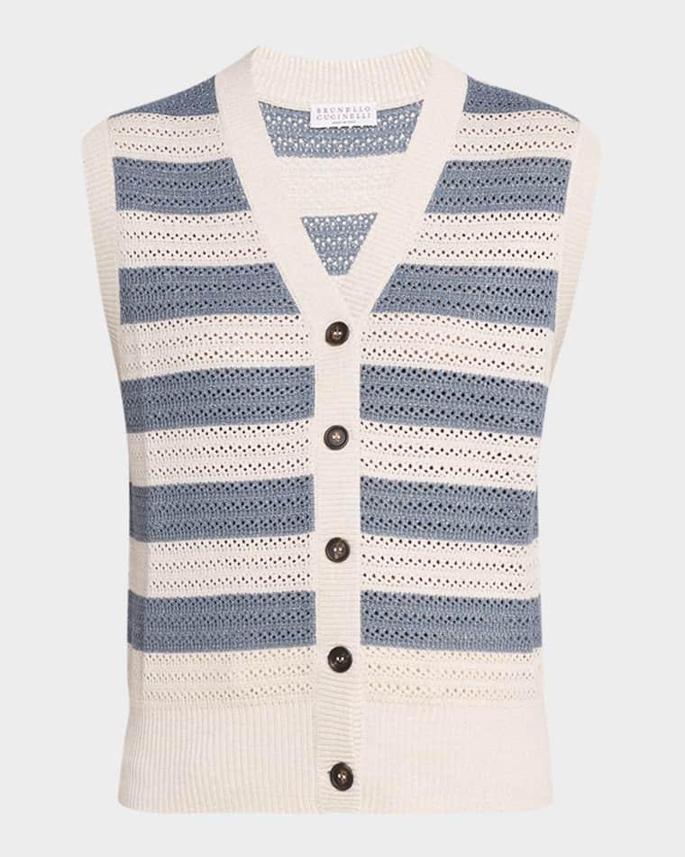 Sparkling Striped Crochet Knit Vest by BRUNELLO CUCINELLI