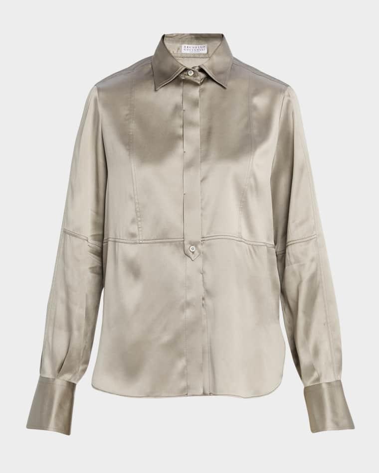 Stretch Satin Button-Down Shirt With Monili Trim by BRUNELLO CUCINELLI