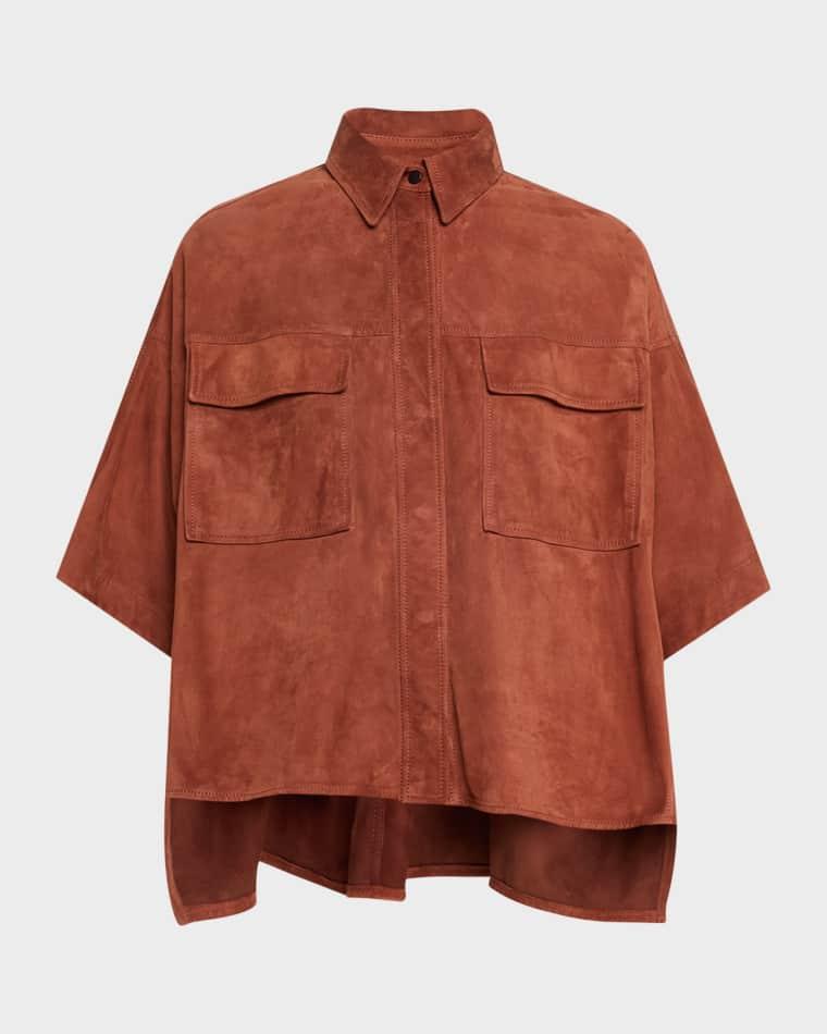 Suede Short-Sleeve Oversized Utility Shirt by BRUNELLO CUCINELLI