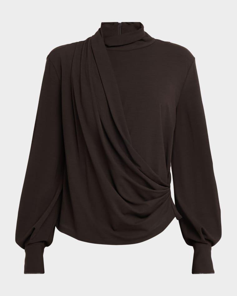 Turtleneck Draped Long-Sleeve Blouse by BRUNELLO CUCINELLI