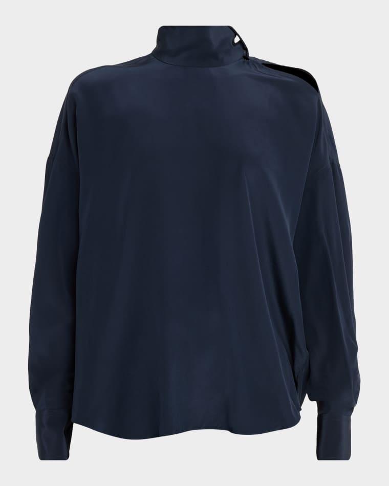 Turtleneck Long-Sleeve Silk Blouse by BRUNELLO CUCINELLI