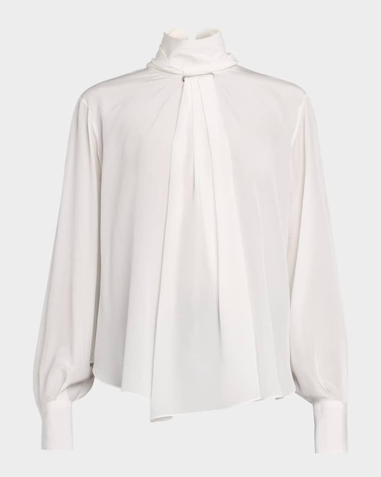 Turtleneck Monili Gathered Silk Blouse by BRUNELLO CUCINELLI