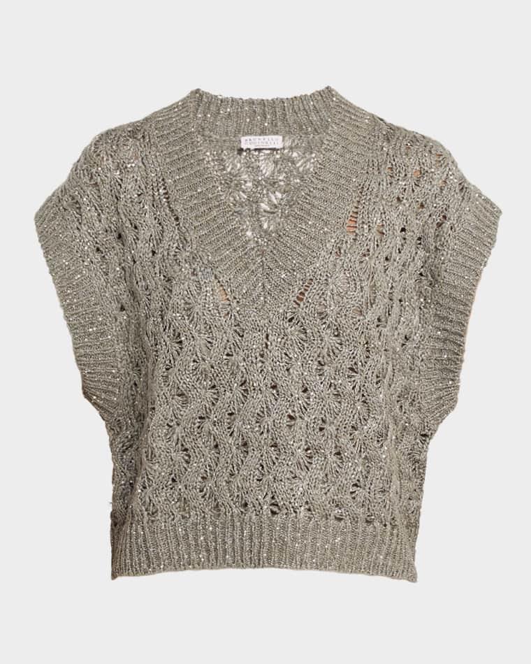 V-Neck Paillette Open-Knit Vest by BRUNELLO CUCINELLI