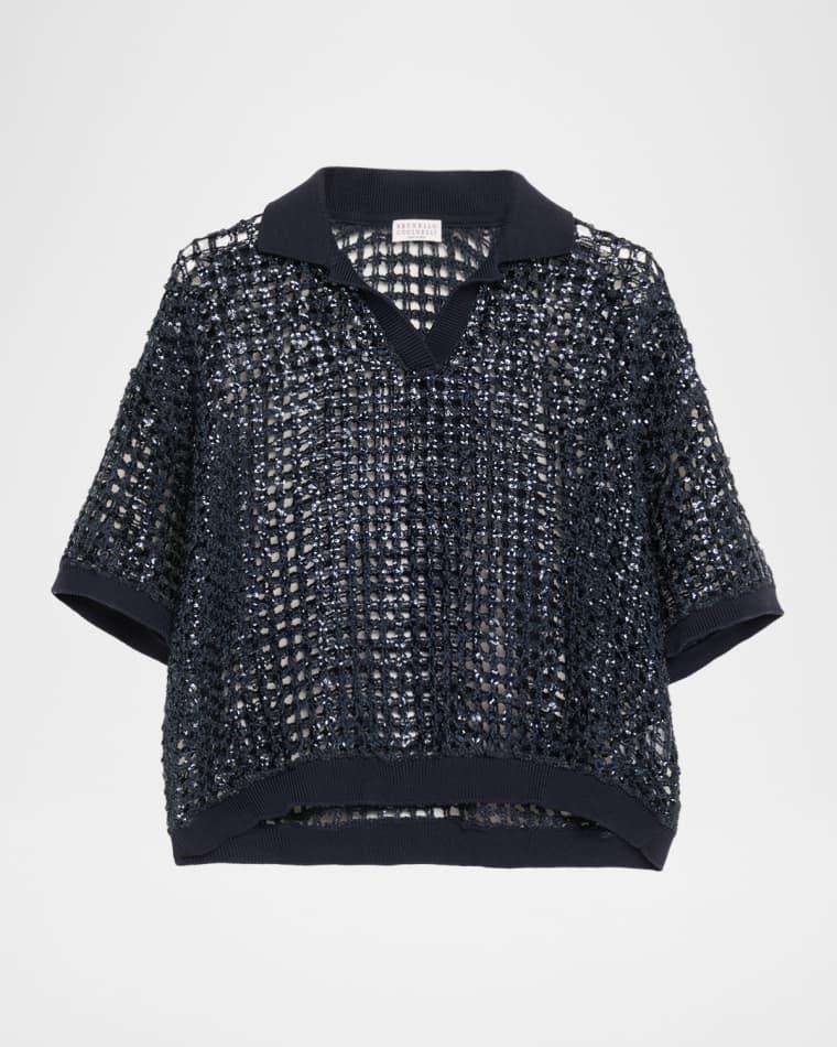 Vienna Paillette Net Polo Sweater by BRUNELLO CUCINELLI