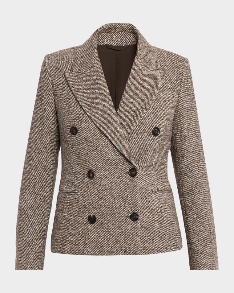 Virgin Wool and Silk Melange Diagonal Double-Breasted Blazer by BRUNELLO CUCINELLI